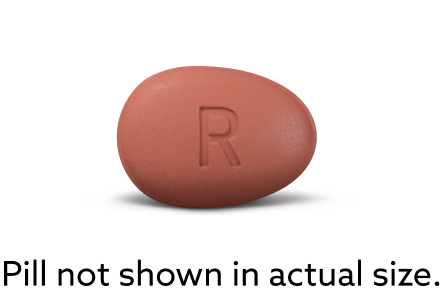 Image of an ORGOVYX® (relugolix) pill with the text Pill not shown in actual size