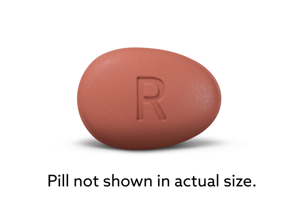 Image of an ORGOVYX® (relugolix) pill with the text Pill not shown in actual size